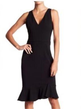 Betsey Johnson Scuba Crepe Dress Navy Blue Sheath Flirty Ruffle  Hem sz 12